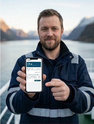 Sjømann om bord viser CrewBridge-appen på mobilen