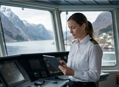 Styrmann på broen leser på et nettbrett