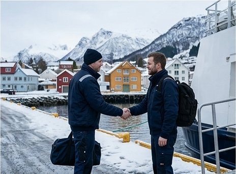 To i mannskapet håndhilser ved landgangen under et crewbytte i en snødekt havn