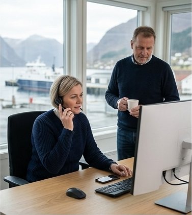 Mannskapskoordinator i telefonen ved skrivebordet, med en kollega ved siden av