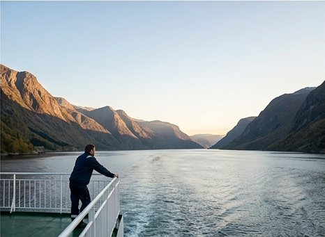 Sjømann ved rekka akter på et skip som går gjennom en fjord i kveldssol